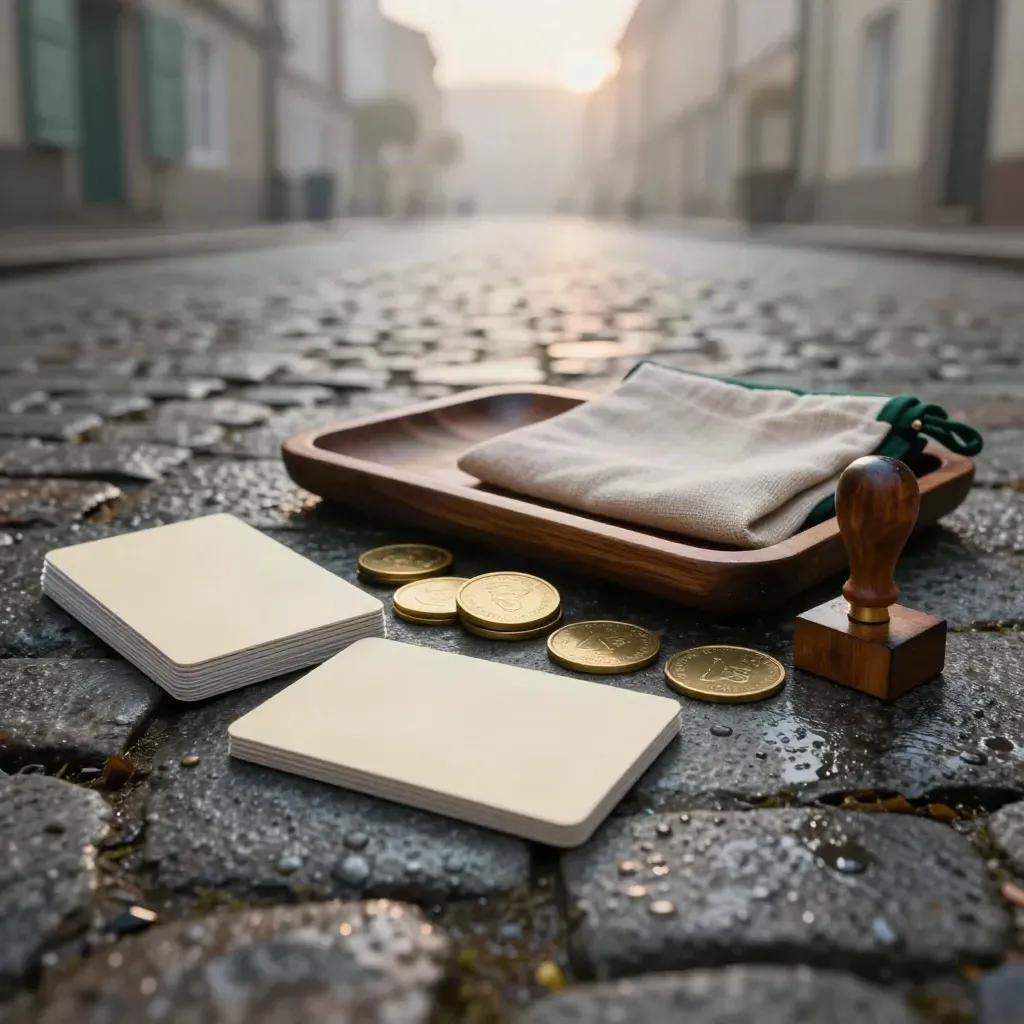 Local money launch kit on wet cobbles at dawn: cards, brass tokens, tray, pouch, stamp block.