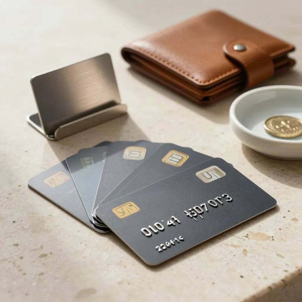Fanned local payment cards beside a leather wallet, card stand, and coin dish on travertine.