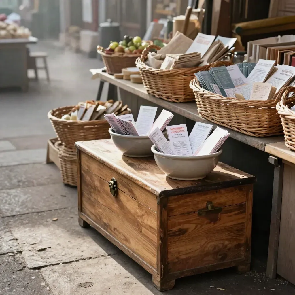Market voucher redemption point with wooden cash box, wicker baskets and steam in morning mist