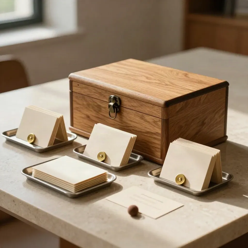 Three nonprofit voucher stations with a wooden chest and sealed card holders on a limestone table.