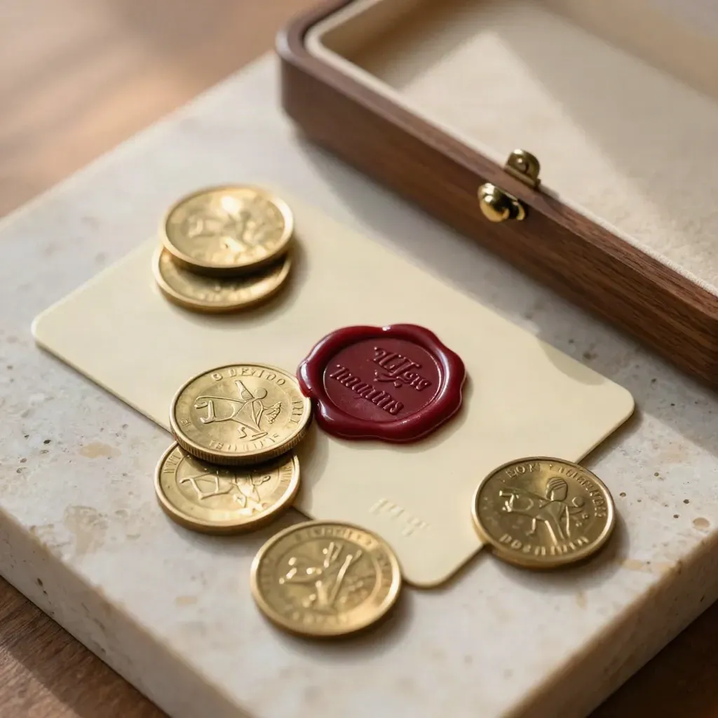 Brass tokens, cream prototype cards, wax seal, and walnut case on travertine.