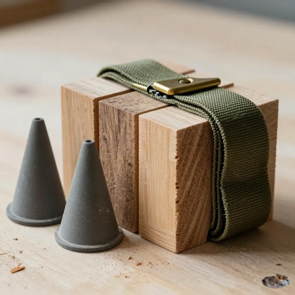 Wooden facilitation blocks, rubber cones and a green room-divider strap on a dusty workbench.