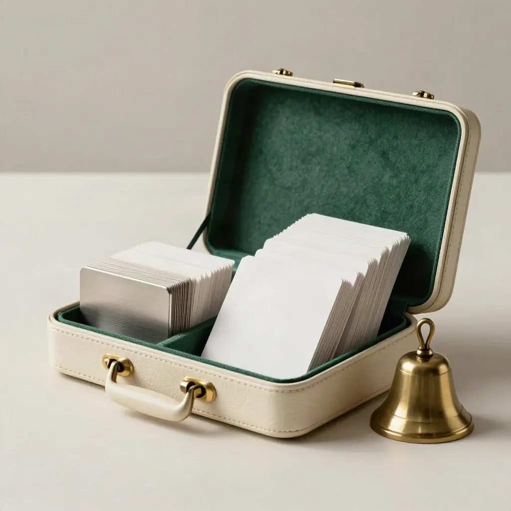 Open training kit with cards, bell, and cradle on a cream plaster sweep.
