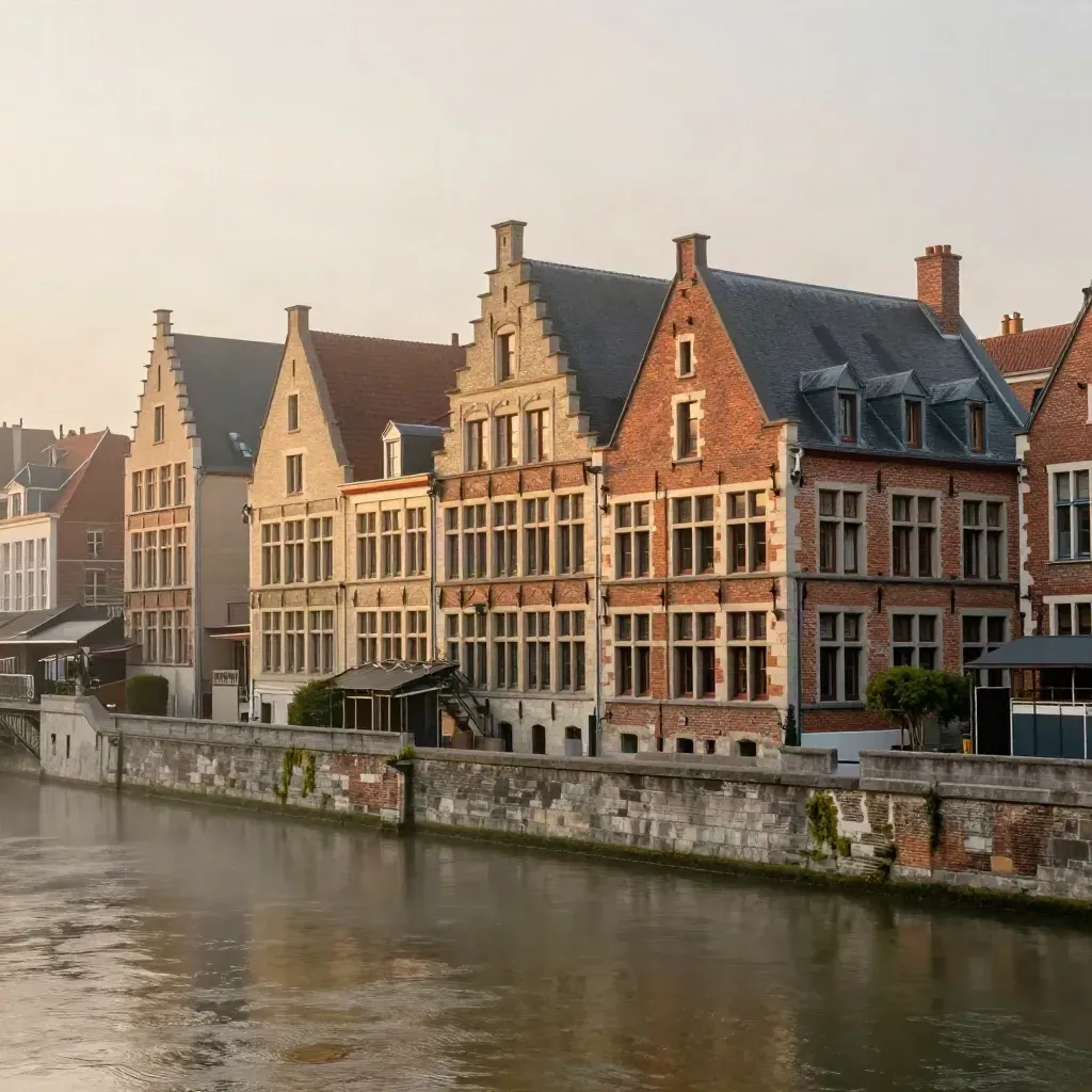 Ghent gables above a misty river, warm evening light, calm open water below